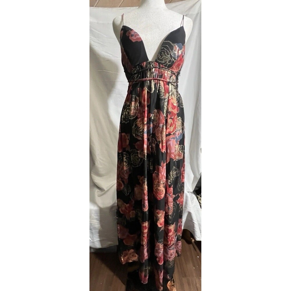 Free People Dress Woman's S Shadows Maxi Black Gold Floral Print Cocktail Zip